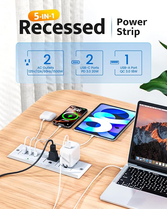 Recessed Power Strip with 20W USB C Port, Fast Charging USB A Port Conference - Image 2