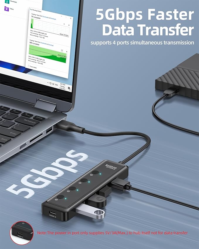 Selore USB 3.0 Hub, Selore 4-Port USB Hub Ultra-Slim Data USBA Splitter USBA - Image 3