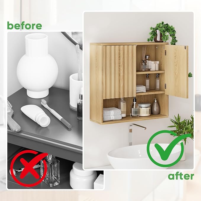 Smuxee Fluted Bathroom Cabinet Wall Mounted, Wooden Medicine Cabinet - Image 6