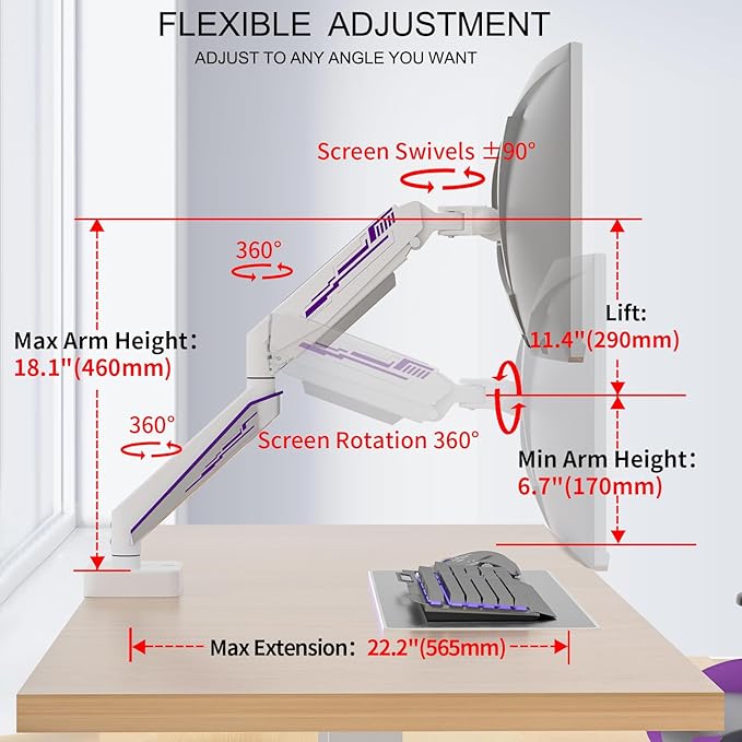 Heavy Duty Monitor Arm for Ultrawide Screen up to 49 inches, 44 lbs, Gas Spring - Image 3
