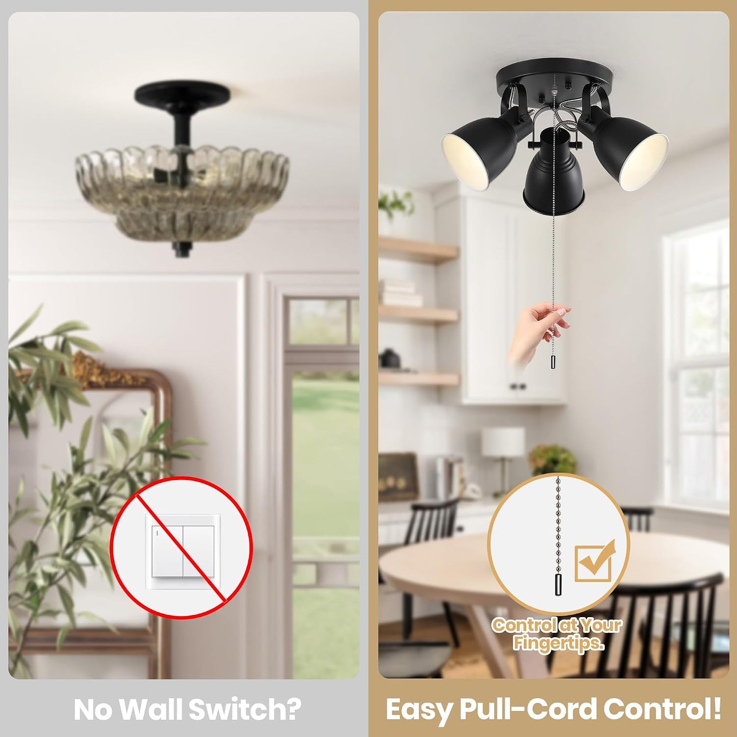 3-Light Track Ceiling Light with Pull Chain Switch, Matte Black Multi Directional Flush Mount Ceiling Spot Light, E26 Base Industrial Ceiling Light Fixture for Kitchen Hallway Entryway Bedroom Closet