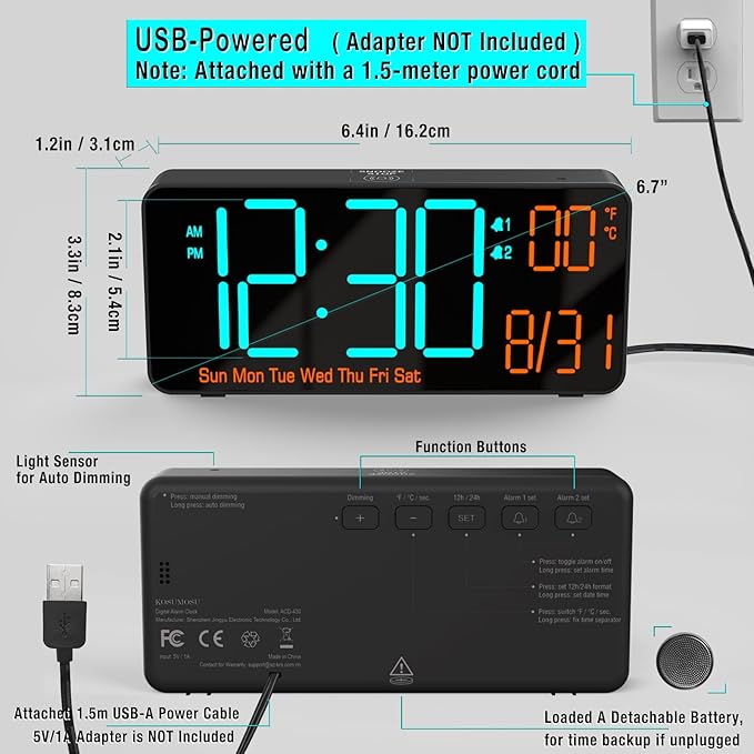 KOSUMOSU Digital Clock for Bedroom 6.7in Alarm Clocks for Living Room, Auto - Image 6