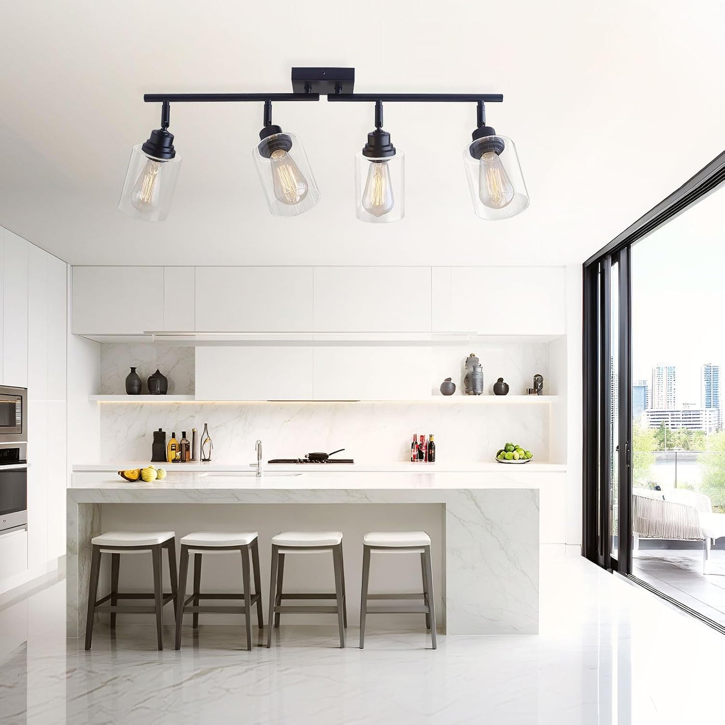 4-Light Black Ceiling Track Lighting E26 Clear Glass Light Fixture | Black metal 4 adjustable heads, clear glass semi flush mount E26 track light for kitchen, bathroom, living room