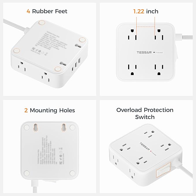 TESSAN Flat Plug Extension Cord, 5 Ft Surge Protector Power Strip - Image 7