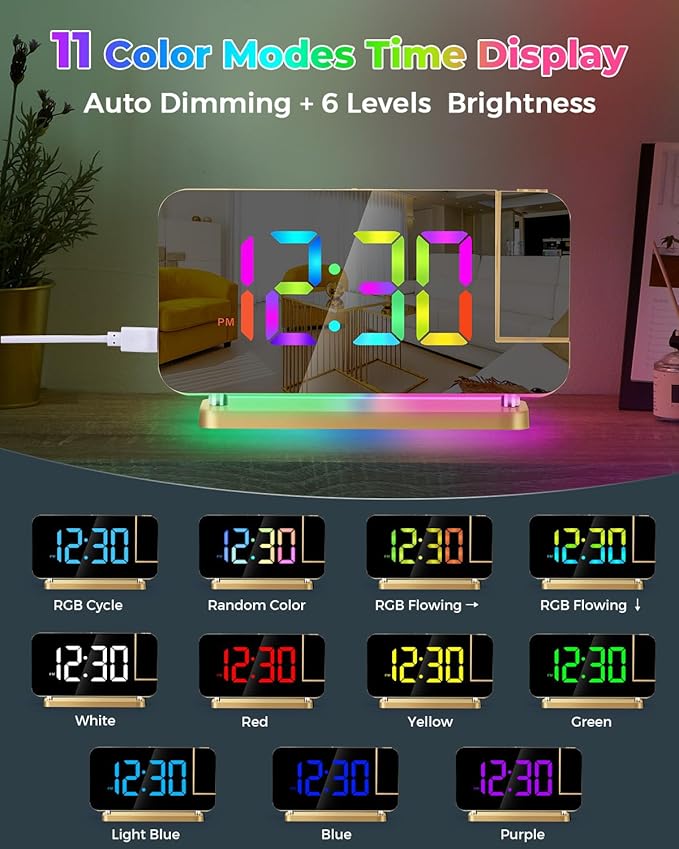 SZELAM Projection Alarm Clock, 7.4" LED Mirror Digital Clocks Large Display - Image 3