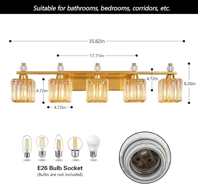 FDPBY Vanity Lights 5-Light Modern Crystal Vanity Light Gold Bathroom Light - Image 5