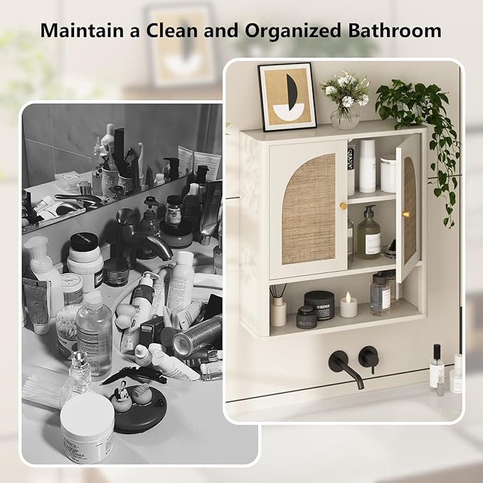 RUSTOWN Rattan Bathroom Wall Cabinet, Over The Toilet Storage Cabinets - Image 5