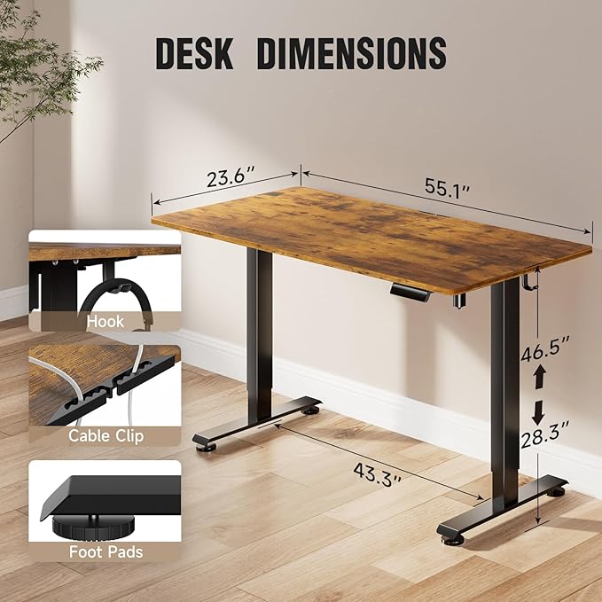 Veken 55 Inch, Height Adjustable Sit Stand Up, Wood Desktop, Work Home Office - Image 3