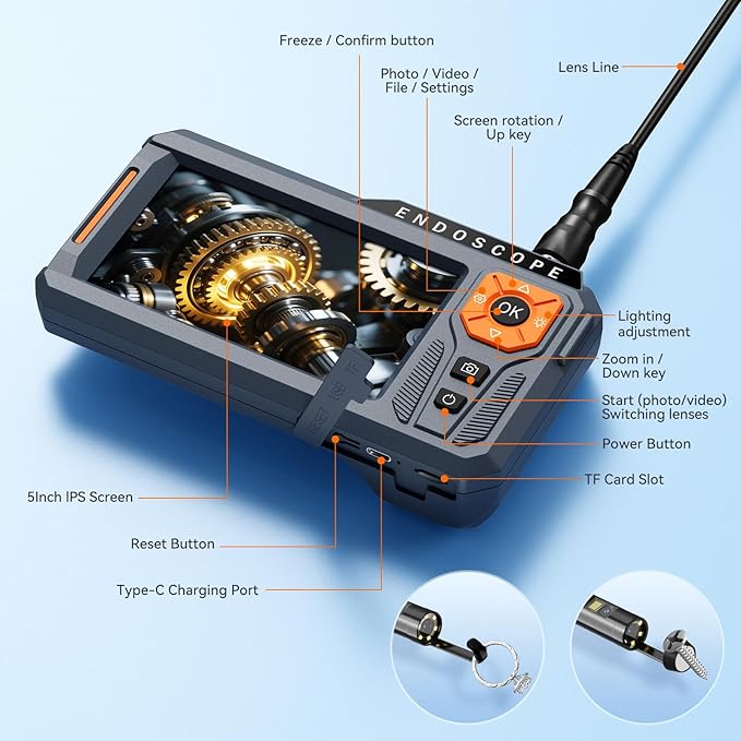Triple Lens 5" IPS Borescope Inspection Camera, Ginocaco 1080P Digital Video - Image 5