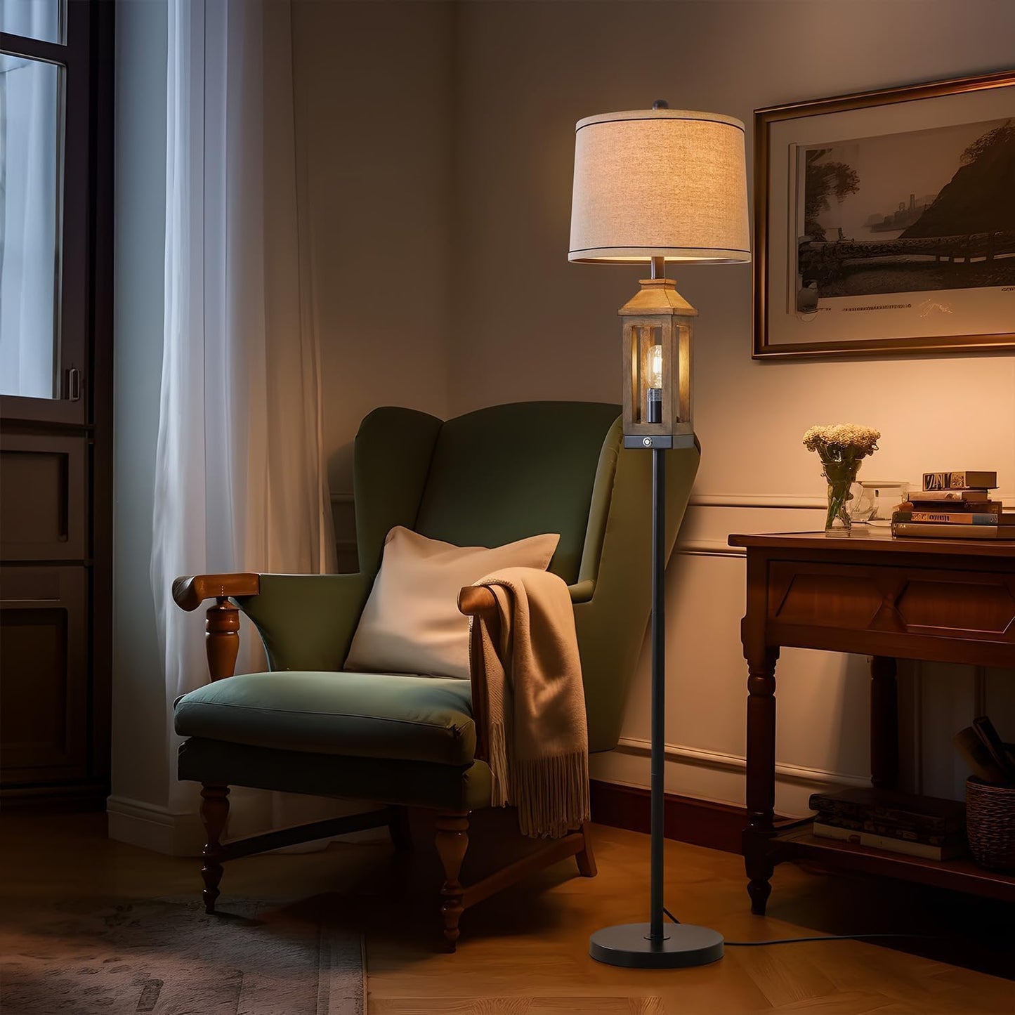 G-SAFAVA 63" Farmhouse Floor Lamps for Living Room Bedside Nightstand Lamp Black Tall Standing Lamp for Home Decor Bedroom Reading Wood Lamp Rustic Bed Lights with 2 Light Sources