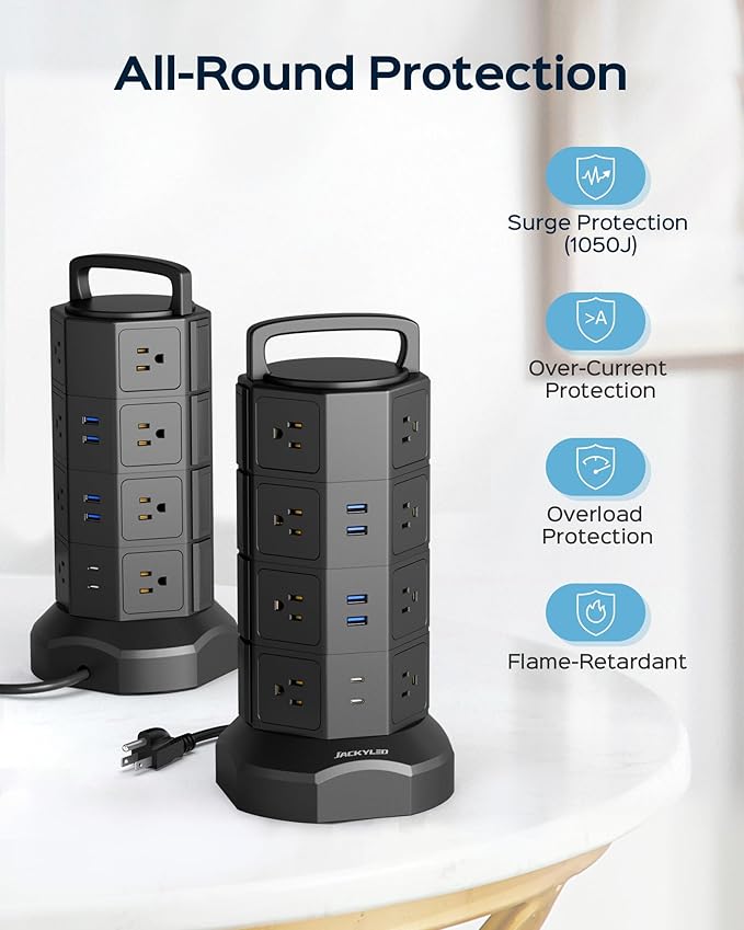 Power Strip Tower Surge Protector, JACKYLED 16 Outlets 6 USB Charging Station - Image 9
