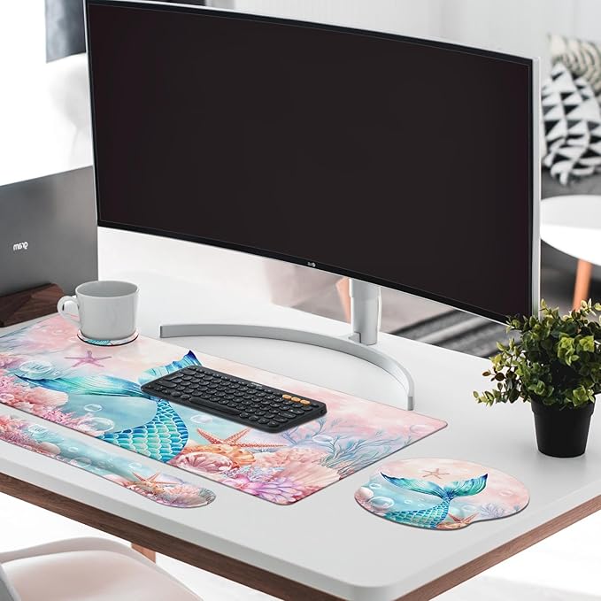 Britimes Pink Cute Deep Sea Mermaid Keyboard Mouse Pad Set 4in1 Large - Image 7