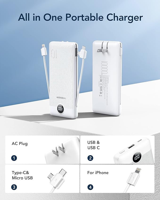 VEGER Portable Charger for iPhone Built in Cables and Wall Plug, 10000mah Slim - Image 2