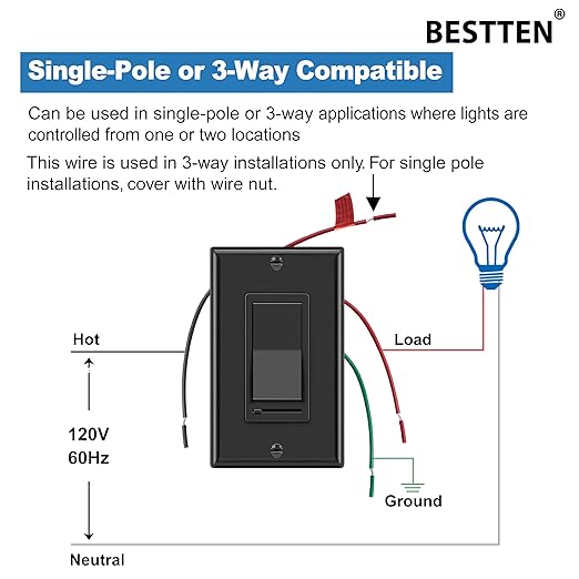 BESTTEN 2 Pack Dimmer Wall Light Switch, Single Pole or 3-Way LED Slide Dimmer - Image 8