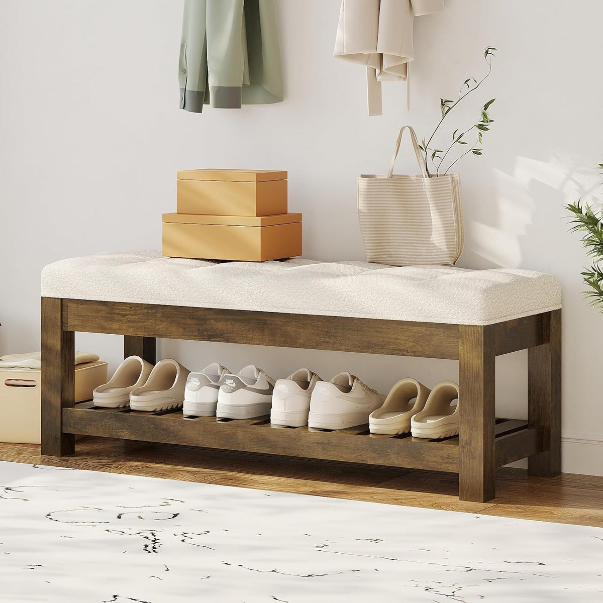 47.2" upholstered ottoman bench with wood storage shelf, main product view