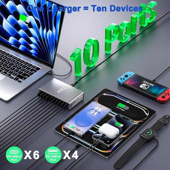 730W USB C Charger Block, 10 Port Fast USB Charging Station - Image 4