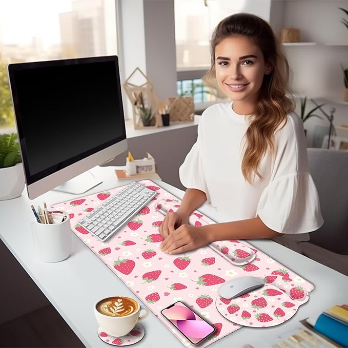 LIMKRIAN Strawberry Mouse Pad Desk Mat Set, Large Gaming Mousepad Wrist Support - Image 2