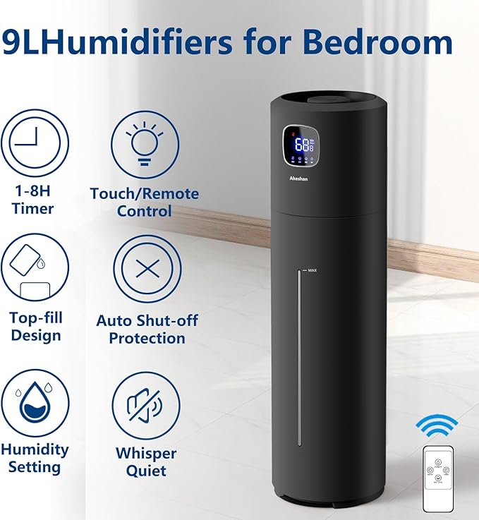 Akeshan Large Humidifiers for Bedroom, 9L/2.5Gal Ultrasonic Cool Mist, Top Fill - Image 2
