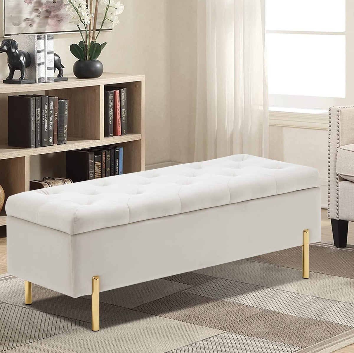 45.6 inch velvet storage bench upholstered tufted settee shown in use