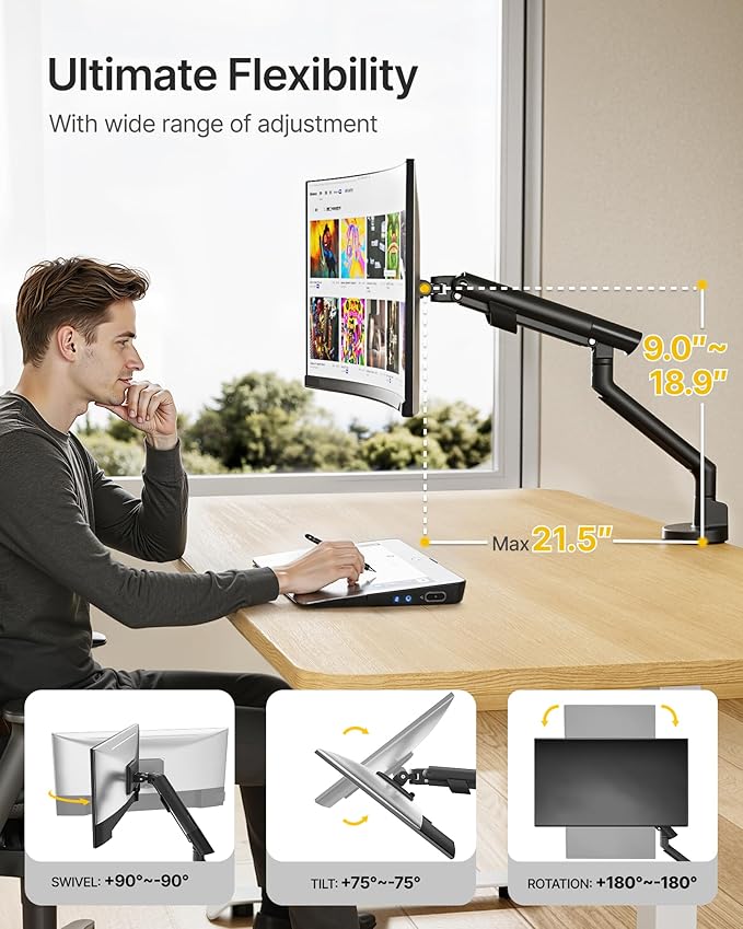 monTEK Single Monitor Arm for 17-40 Inch Screens, Heavy Duty Monitor Mount - Image 3
