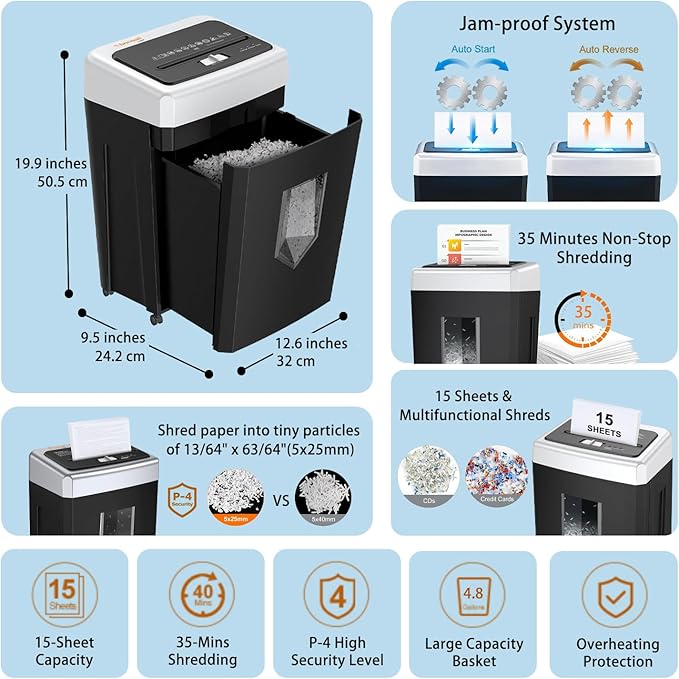 Bonsaii 15-Sheet Cross-Cut Paper Shredder, Heavy-Duty Office Use, 35-Min - Image 2