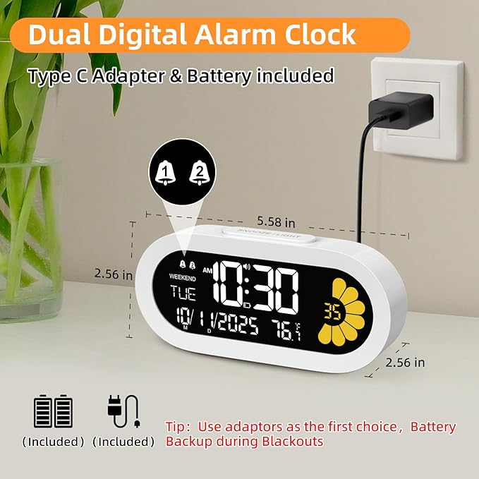 DOOMAY Digital Alarm Clock for Bedroom: Dual Alarm Bedside Clock VA LCD Display - Image 2