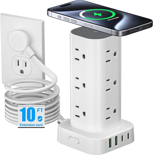 Tower Power Strip with 15W Wireless Charger, 10FT Flat Plug Extension Cord with by Unknown