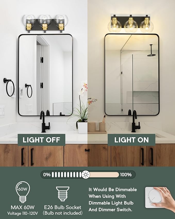 METWET Bathroom Light Fixtures, 3-Light Black and Gold Bathroom Vanity Light - Image 4