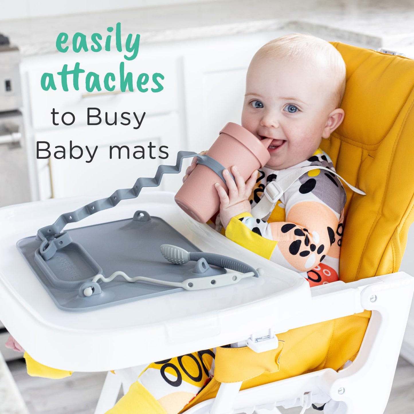 Busy Baby Bottle Bungee and Sippy Cup Strap in Food Grade Silicone (Pewter)