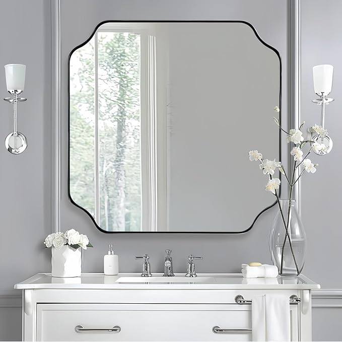 ANDY STAR 30"x30" Chrome Square Mirror, Polished Nickel Scalloped Bathroom - Image 3