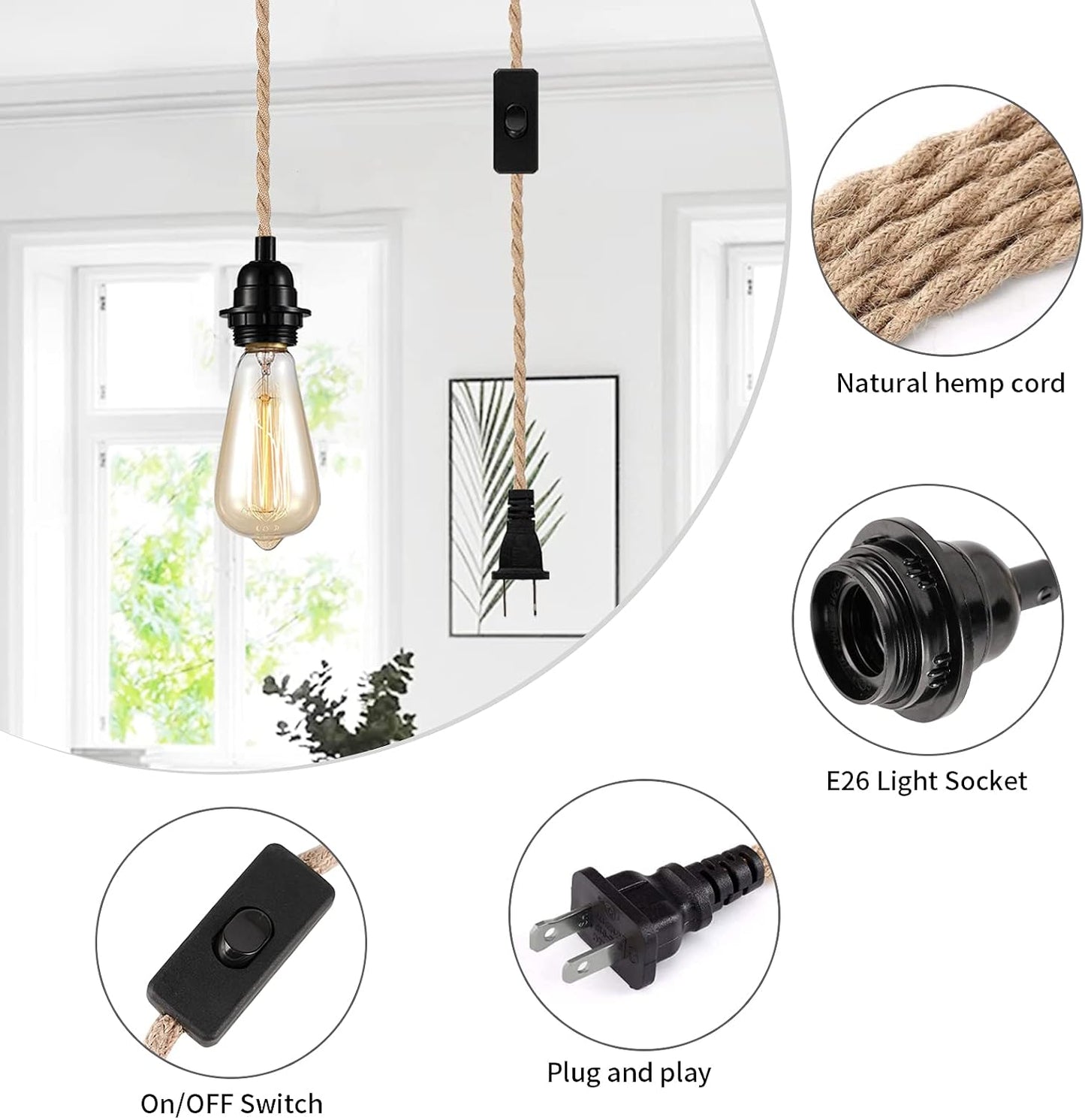 FRIDEKO HOME Farmhouse 15ft Pendant Lights - Hanging Lights with Plug in Cord Hemp Rope Pendant Lights Rustic Hanging Lamps that Plug into Wall Outlet for Kitchen Island Bedroom DIY Decor - 2 Pack