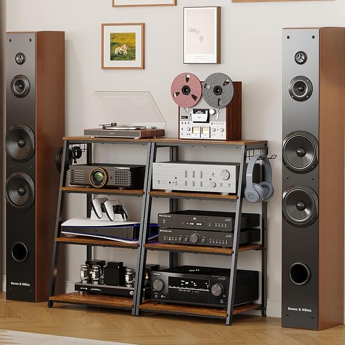 4-Tier AV Media Stand with 2 Hooks, Heavy Duty Stereo Cabinet Furniture-Large - Image 8