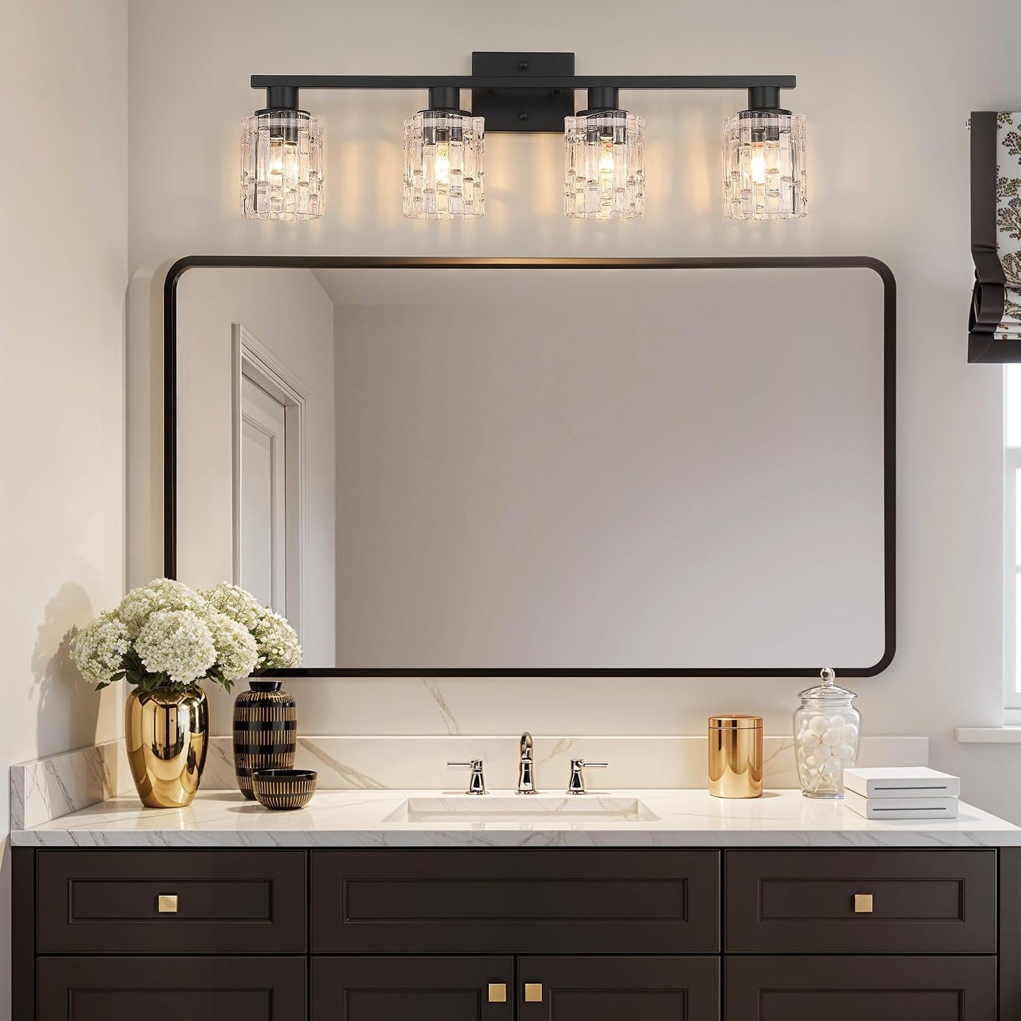 4 Light Matte Black Bathroom Vanity Light Over Mirror, Modern Vanity Lighting with Crystal Glass Shade, Wall Mount Bathroom Light Fixtures, E26 Base