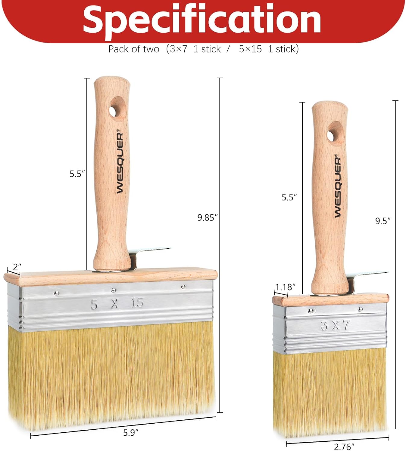 Wesquer Limewash Paint Brush Set 2 Pack Deck Stain Brush | Detachable handle synthetic bristles for deck fence furniture interior exterior staining projects