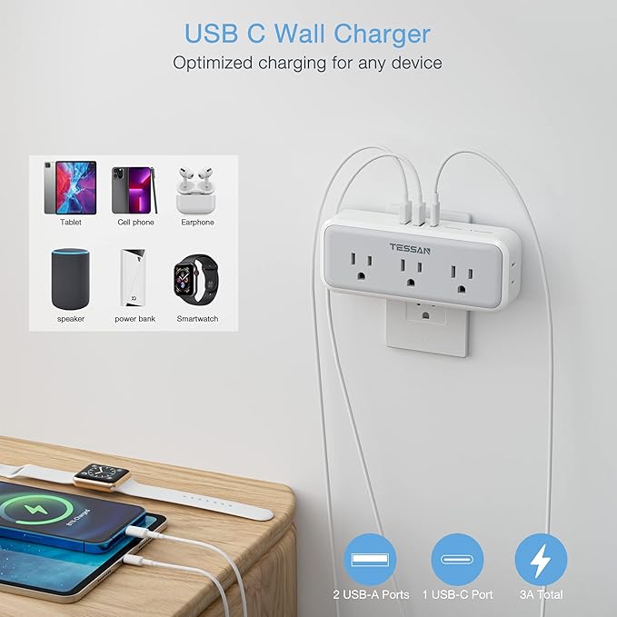 Multi Plug Outlet Extender, USB C Wall Charger, TESSAN Wall Plug Splitter - Image 3