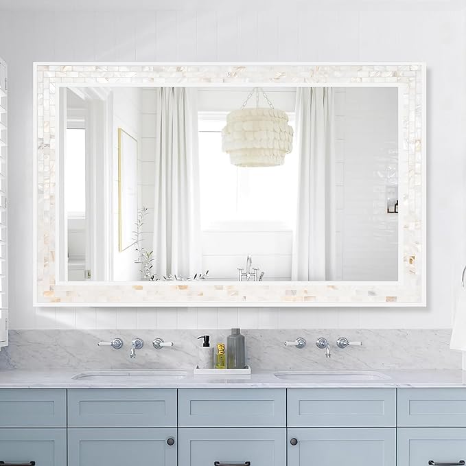 Tanmicoshomy 30 x 48 Inch White Bathroom Mirror, Natural Shell Framed - Image 7