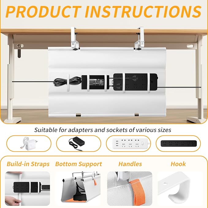 SUREUP9 No Drill Under Desk Cable Management Tray, Fabric Cable Management - Image 5