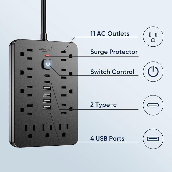 JouleLoom 6 FT Flat Plug Surge Protector Power Strip, 11 Multiple AC Outlets - Image 3