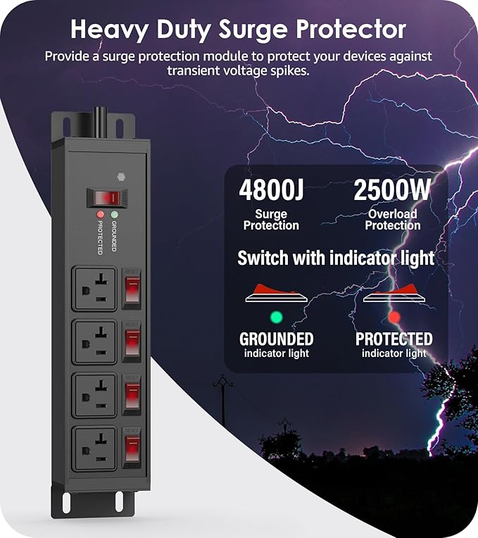 CCCEI Heavy Duty Surge Protector Power Strip 20 Amp Individual Switches. 20FT - Image 2
