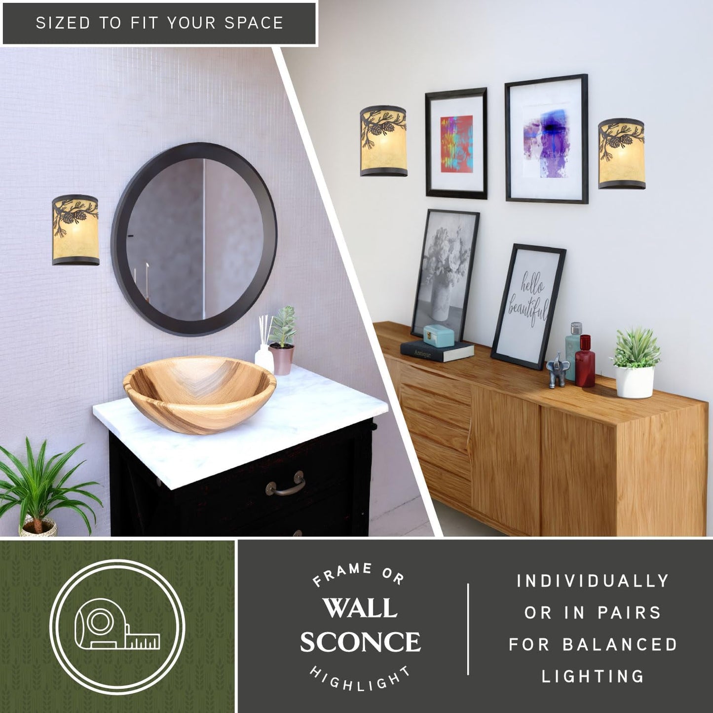 VAXCEL Douglas 1-Light 8 in. Wide Warm Bronze Indoor-Outdoor Rustic Flush Mount Wall Sconce with Pinecone Cutout and Amber Flake Glass Shade, Dimmable, LED Compatible, Bathroom Vanity Lighting Fixture