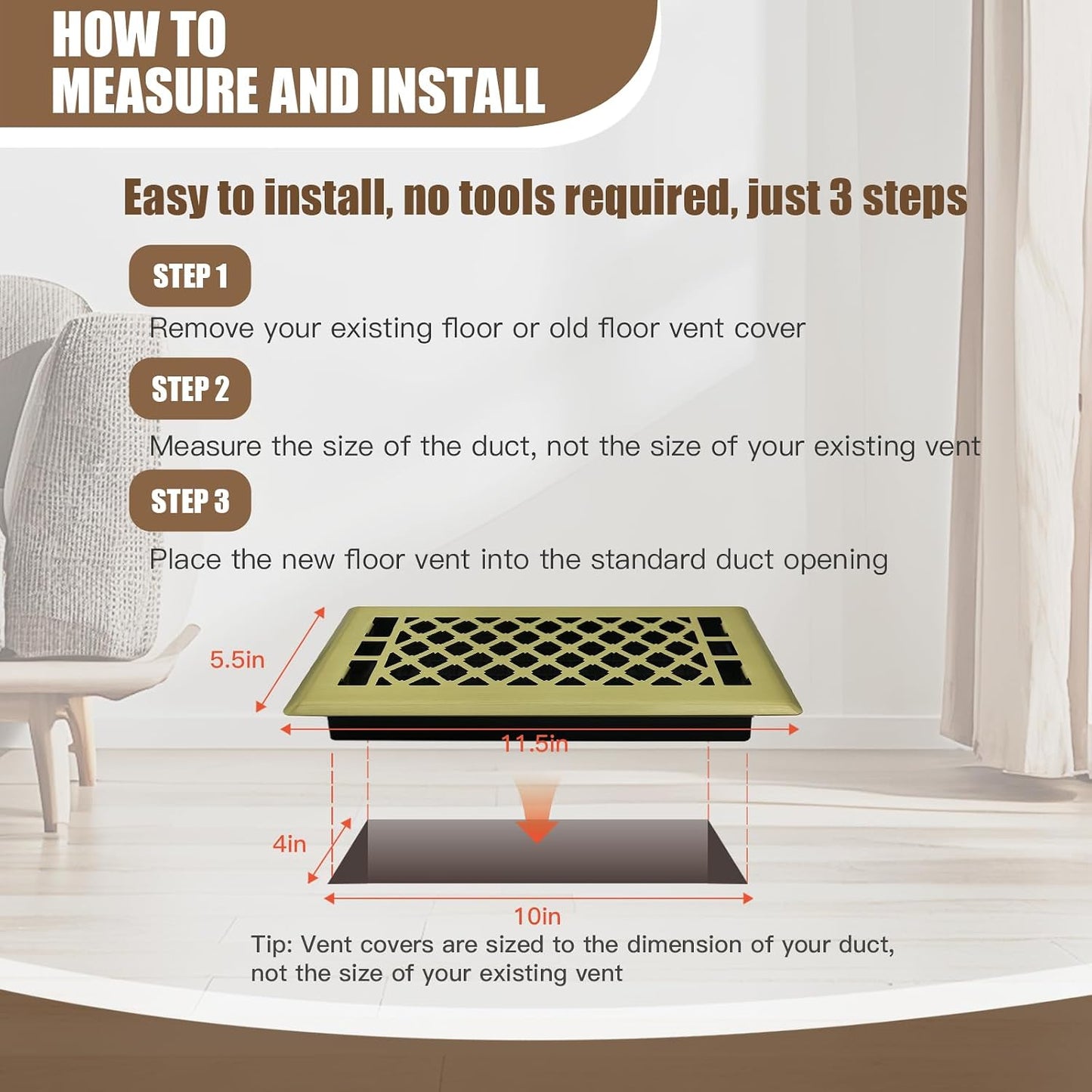 2-Pack 4x10 Decorative Floor Register Vent Cover, Brushed Gold, Lattice | Heavy-Duty Walkable Solid Steel, Adjustable Airflow Damper, Easy Drop-In Replacement
