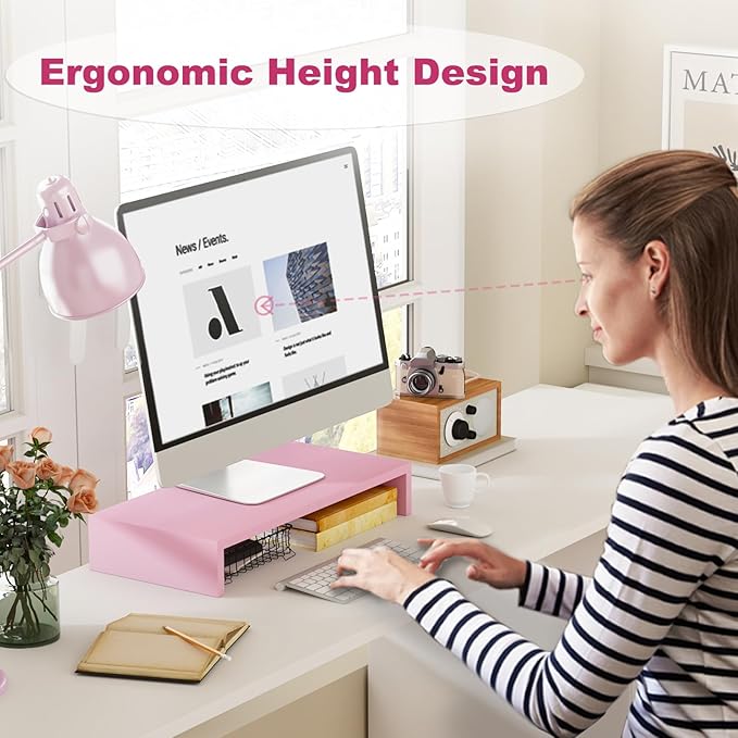 TEAMIX Pink Monitor Riser-20L inch, Wood Monitor Stand - Image 3