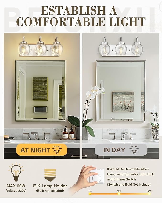 Beionxii Brushed Nickel Bathroom Light Fixtures, 3-Light Bathroom Vanity Light - Image 3