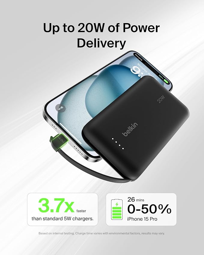 Belkin Portable Charger, Power Bank 10000 mAh w/Integrated Cable - 20W Fast - Image 5
