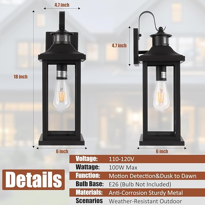 Roravilila 18 Inch Motion Sensor Outdoor Lights 2-Pack, Large Black Dusk to - Image 7