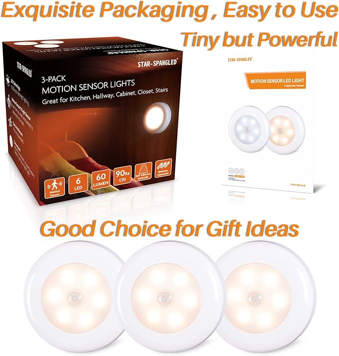 STAR-SPANGLED 3 Pack 2.8” Motion Sensor Lights Indoor AAA Battery Operated - Image 6