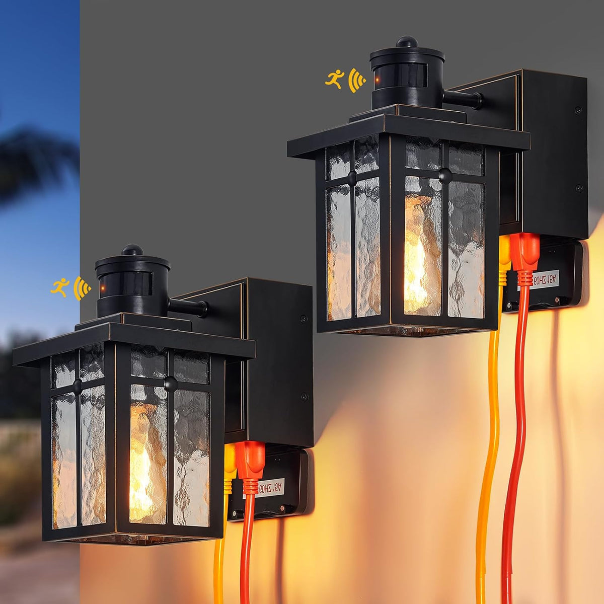 2 pack Porch Lights with GFCI Outlet, Dusk to Dawn Motion Sensor Outdoor Lights