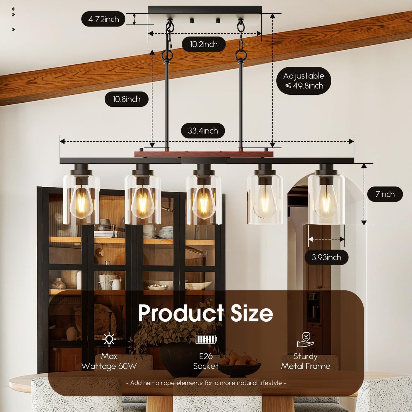 5-Light Dining Room Light Fixture 33.4" Kitchen Island Lighting | Linear Chandelier, Clear Glass Shades, Adjustable Height,for Kitchen Island, Dining Room
