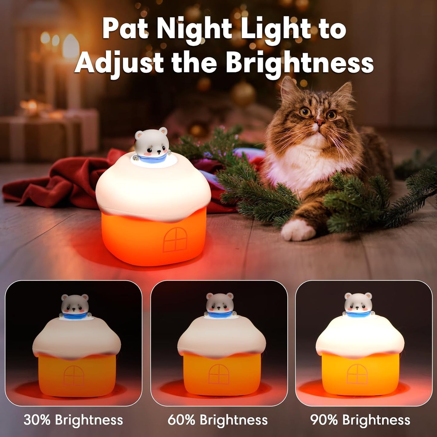 Snow Hut Silicone Night Light, Kids Bedside Lamp with 7 Fun Sound Effects, Touch Dimming, 30-Min Auto-Off Timer, Volume Control, 1000mAh Battery, Toddler Bedroom Essential, Birthday Surprise Bear