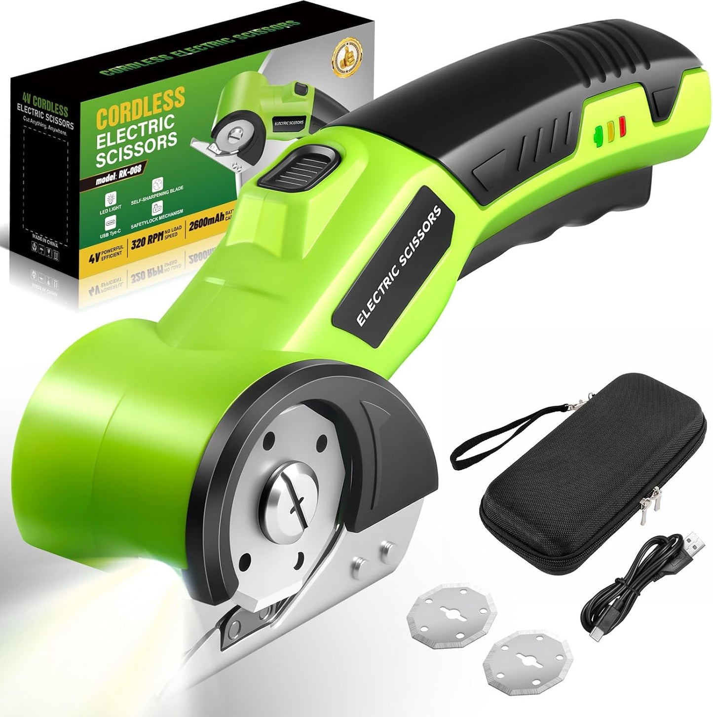 Cordless Electric Scissors, 4V Rechargeable Cardboard Cutter with 2600mAh Battery, Safety Lock, LED Light, 2 Blades, Electric Box Cutter for Cardboard, Fabric, Plastic, Leather, Cloth, DIY Crafts
